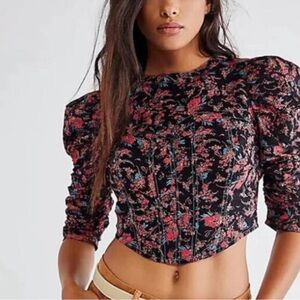 Floral Puff-Sleeve Crop Top - Black with Pink Floral